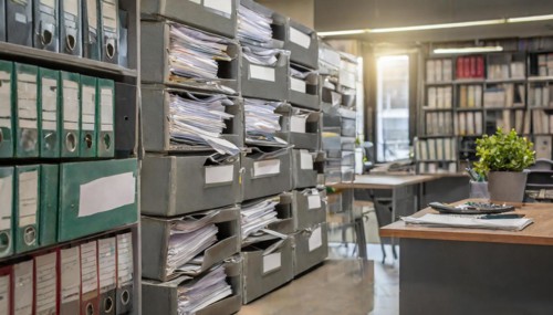 An office shelf filled with labelled folders and stacks of documents, symbolism bureaucracy, AI