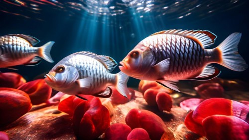 Tilapia fish gathering in a freshwater lake, AI generated, deep sea, fish, squid, bioluminescent,