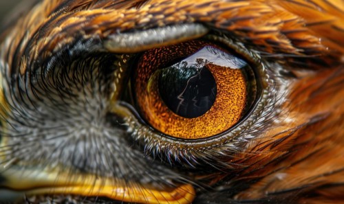 Close-up of a bird's orange eye surrounded by detailed feathers in golden hues AI generated