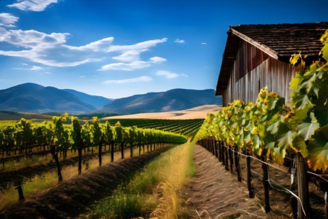 Vineyard at peak season grapevines in orderly rows, AI generated