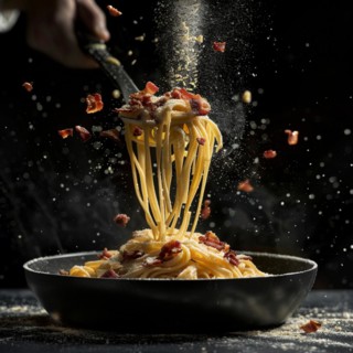 Airborne spaghetti with scattering bacon bits and cheese over a pan in a dark kitchen, AI generated