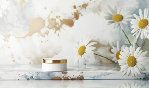 Blank cosmetic jar mockup placed on an elegant watercolor chamomile background, skin care and