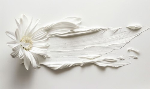 White paint brush stroke and white daisy flower on while background AI generated