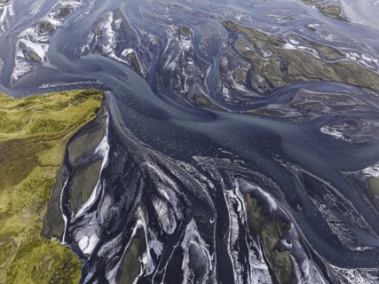 Overgrown river landscape, Eldhraun, near Kirkjubaejarklaustur, drone image, Sudurland, Iceland,