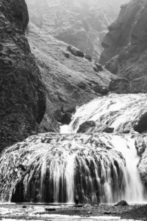 Stjornarfoss waterfall, near Kirkjubaejarklaustur, black and white photo, Sudurland, Iceland,