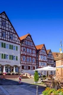 Half-timbered houses on the market square, Bad Orb, Hesse, Germany, Europe