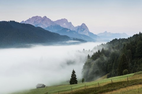 Sunrise and morning fog, Geroldsee or Wagenbruechsee, Kruen near Mittenwald, Werdenfelser Land,