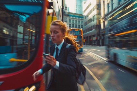 A young woman in a hurry looks at her smartphone on a busy street, symbolic image for accident risk