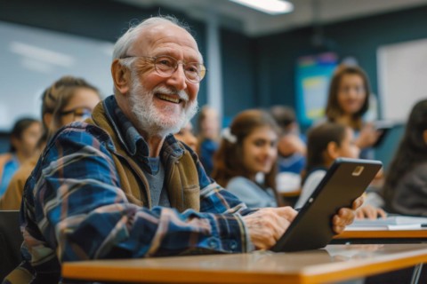 A man of advanced age, senior citizen, sitting with a digital tablet in a course room, training