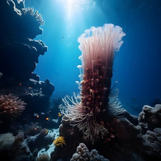 Hydrothermal vent chimney encircled by tube worms in deep ocean habitat, AI generated