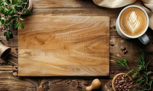 Top view of a coffee with beautiful latte art on a wooden board with coffee beans and greenery AI