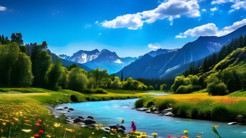 Tranquil river serpentine path through a vibrant green valley, AI generated