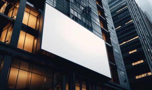 Blank screen banner mockup displayed on the modern building facade. Close Up view AI generated