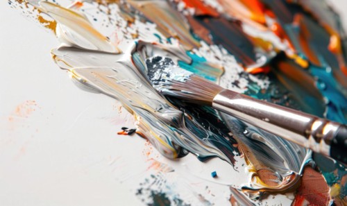 Closeup view of painting brush and paint texture on white canvas. Artistic abstract background AI