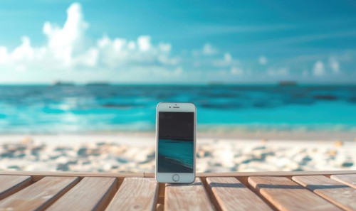 Smartphone mockup with a blank screen on a tranquil beach background, travel and tourism AI