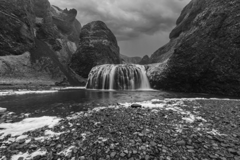 Stjornarfoss waterfall, near Kirkjubaejarklaustur, black and white photo, Sudurland, Iceland,