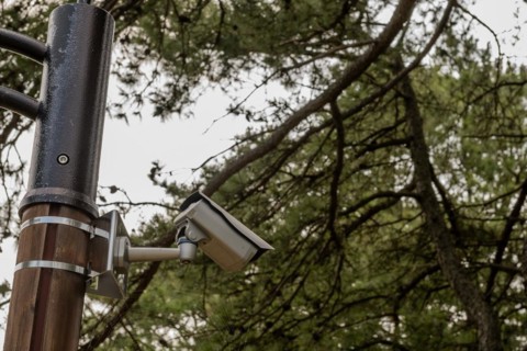 Surveillance camera in woodland public park with trees in background in South Korea