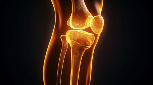 Anatomical illustration of human knee bones with a luminous orange outline against a black