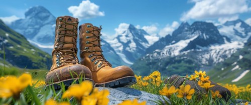 Hiking boots on a rock surrounded by wildflowers in an alpine setting, AI generated