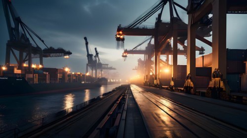 Seaport cranes welcoming arms at twilight, AI generated