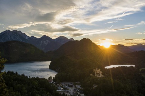 Hohenschwangau Castle, foehn storm, sunset, near Fuessen, Ostallgaeu, Allgaeu, Bavaria, Germany,
