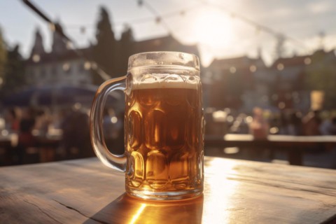 Beer mug standing on table at outdoor festival or beergarden in summer. KI generiert, generiert, AI