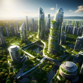Conceptual futuristic sustainable city replete with green rooftops and integrated solar panels, AI