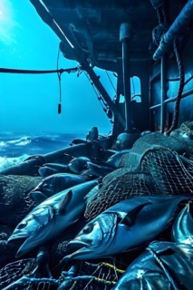 Net pulled aboard a fishing trawler overflowing with a mix of fish and bycatch, AI generated