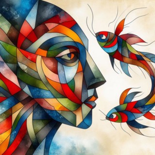 Surreal abstract image of a woman's face with fish, in a cubist style with vibrant colors, square
