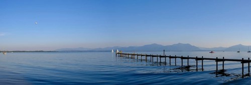 Lake Chiemsee with mountains from Hotel Malerwinkel, Chiemgau, Upper Bavaria, Bavaria, Germany,