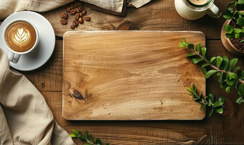 Elegant coffee cup with latte art on a wooden board, rustic table with green leaves AI generated