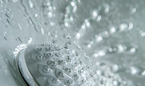 Macro shot of water droplets on a reflective metal shower head surface AI generated