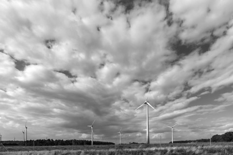 Wind turbines on the A 9 motorway, cloudy sky, Thuringia, Germany, Europe