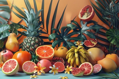 Vibrant still life of various tropical fruits arranged against a backdrop of palm leaves,