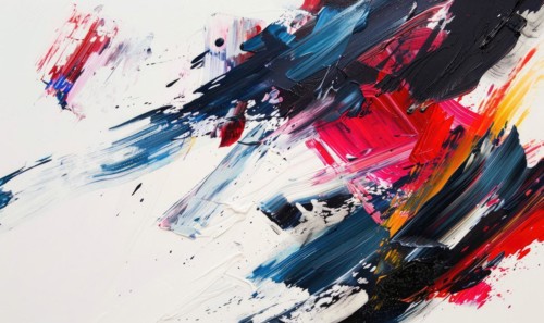 Multicolored brush stroke artwork with a mixture of thick and thin strokes on a white surface,
