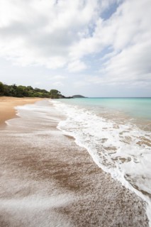 Lonely, wide sandy beach with turquoise-coloured sea. Tropical plants in a bay in the Caribbean