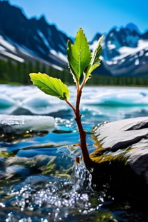 Melting glacier water cascading down its sides single green sapling, AI generated