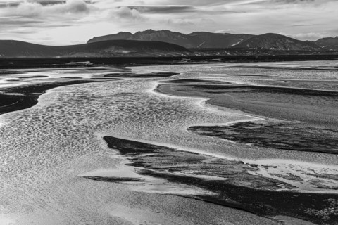 Overgrown river landscape, black and white photograph, Fjallabak Nature Reserve, Sudurland,