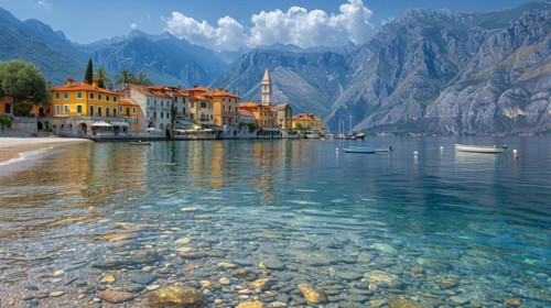 A tranquil Italian lakeside village nestled between clear waters and towering mountains,