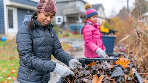 Two women work together tending to a garden full of autumn leaves, waste separation and waste