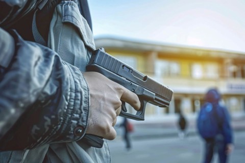 Young man with a pistol gun standing in front of a high school building in blurry background. KI