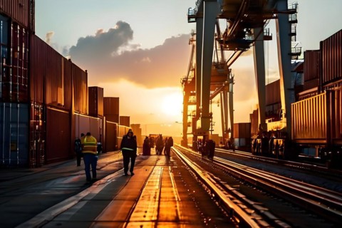 Bustling container terminal capturing the scene from the inner depths as colossal cranes, AI