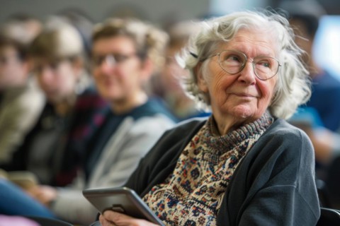 A woman of advanced age, senior citizen, sitting with a digital tablet in a course room, training