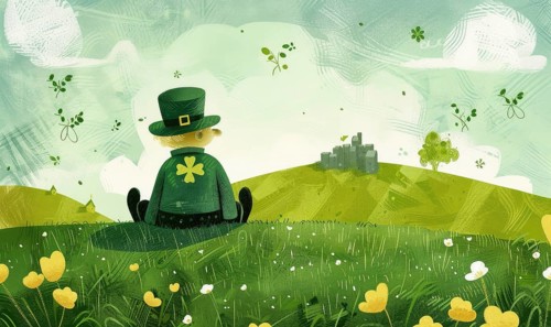 Illustration of a green leprechaun sitting on a grassy hill AI generated