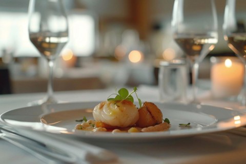 A gourmet dish of scallops presented elegantly on a plate with a wine glass in a fine dining