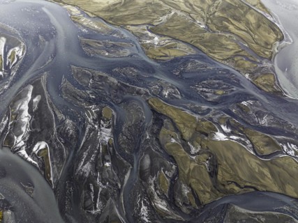 Overgrown river landscape, Eldhraun, near Kirkjubaejarklaustur, drone image, Sudurland, Iceland,