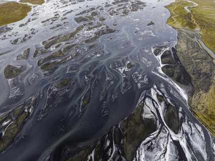 Overgrown river landscape, Eldhraun, near Kirkjubaejarklaustur, drone image, Sudurland, Iceland,