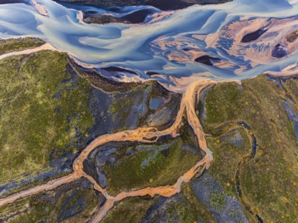 Overgrown mineralised river landscape, drone image, Landeyjasandur, Sudurland, Iceland, Europe