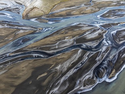 Overgrown river landscape, drone shot, Fjallabak Nature Reserve, Sudurland, Iceland, Europe
