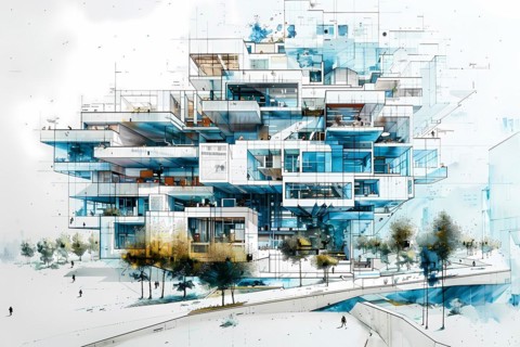 Sophisticated modern architecture with abstract layers in a cool blue and white palette,